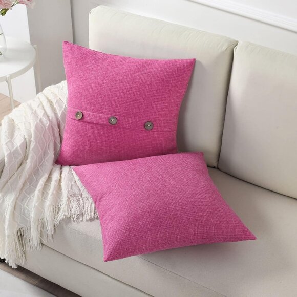Pink Linen Throw Pillow Covers 18x18 2 Square with 3 Buttons Modern Farmhouse - Picture 6 of 6